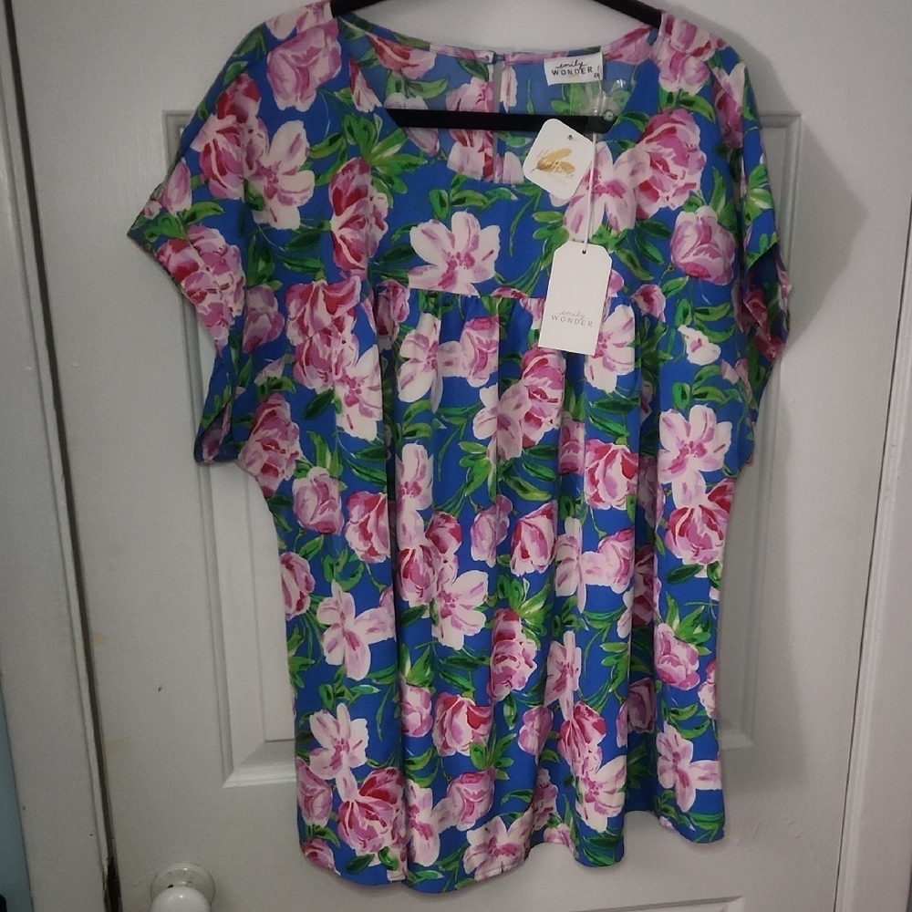 Emily Wonder Floral Print Blouse in Blue and Pink 2X